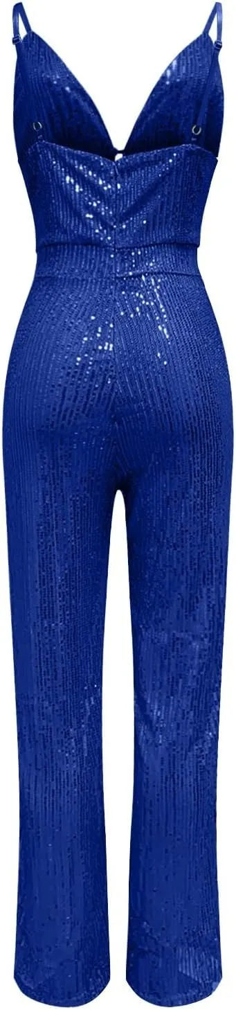Sparkly Jumpsuits for Women Dressy Formal Plus Size Long Sleeve Sequin Party Rompers Sexy V Neck Wide Leg Pants Suit