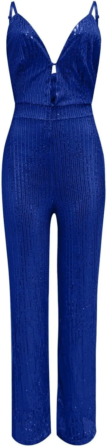 Sparkly Jumpsuits for Women Dressy Formal Plus Size Long Sleeve Sequin Party Rompers Sexy V Neck Wide Leg Pants Suit