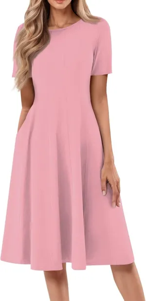 Spring Dresses for Women 2025 Cinched Waist Short Sleeve with Side Pocket Women Dress Plus Size Midi Crewneck Dress