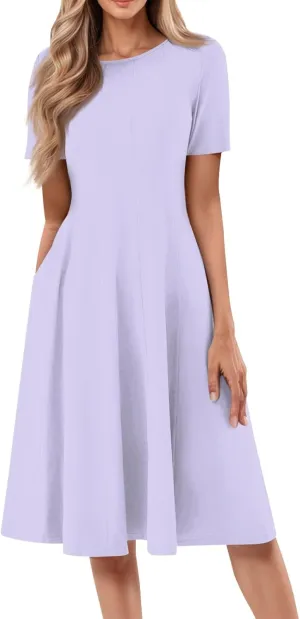 Spring Dresses for Women 2025 Cinched Waist Short Sleeve with Side Pocket Women Dress Plus Size Midi Crewneck Dress