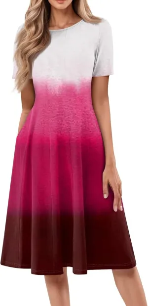 Spring Dresses for Women 2025 Cinched Waist Short Sleeve with Side Pocket Womens Dress Flowy Midi Scoop Neck Dress