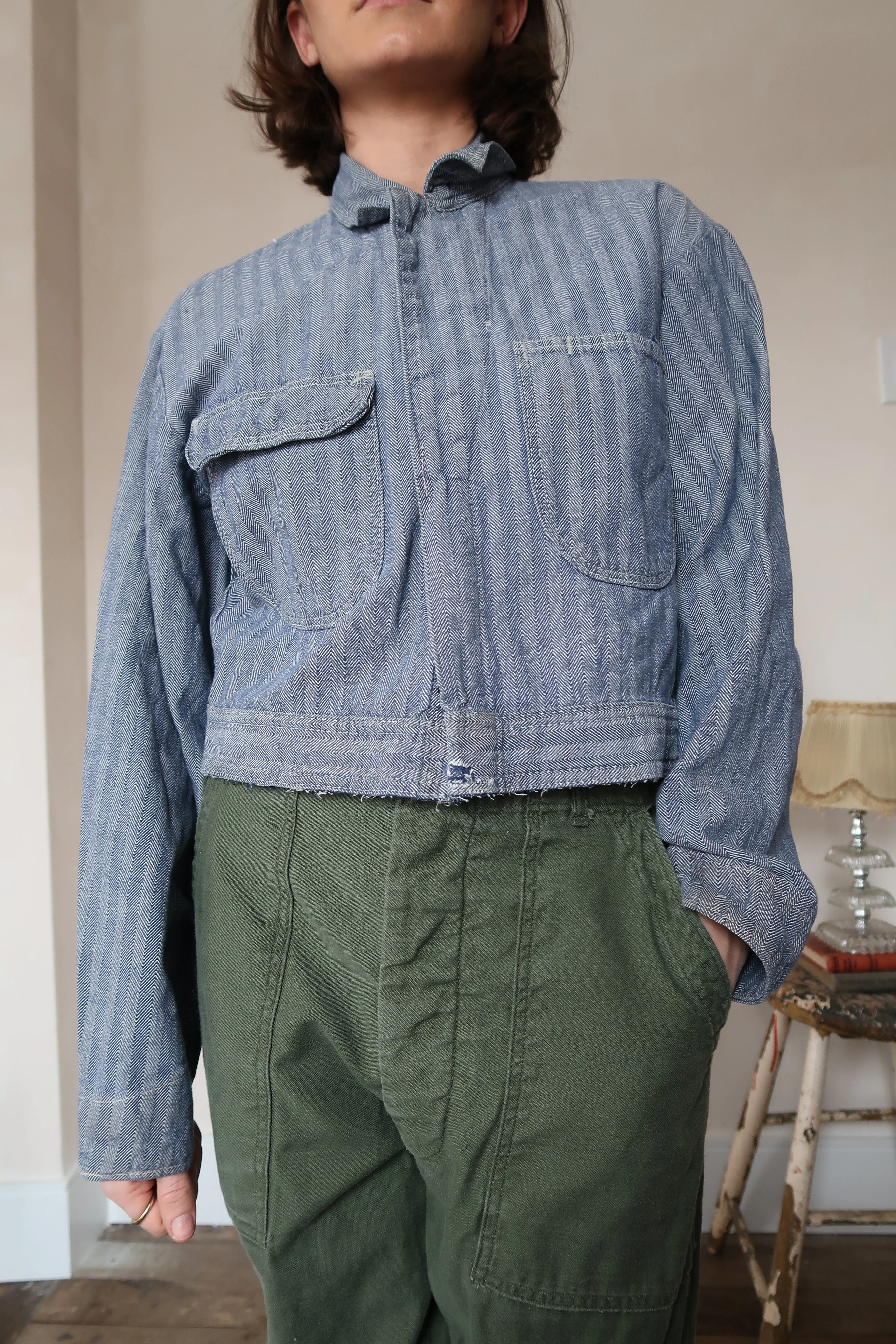Striped Twill Cropped Chore Jacket