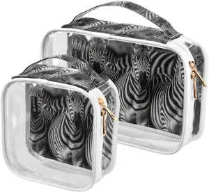 Striped-zebra 2 Pack Clear Toiletry Bag Women Men, Portable Waterproof Clear Pouch, Cosmetic Bag with Double Zippers Large Opening Traveling with Handle for Bathroom Traveling Vacation Organizing