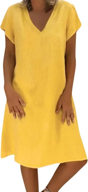 Summer Cotton Linen Dresses Women 2025 Casual Solid V Neck Short Sleeve Dress Slim Beach Vacation Knee Length Dresses