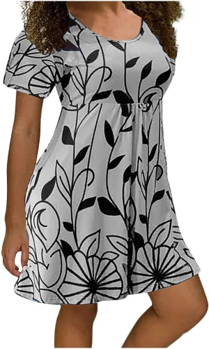 Summer Dresses for Women 2024 Casual High Waist Loose Crewneck Floral Sundress Short Sleeve Flowy Ruffle Mini Dress