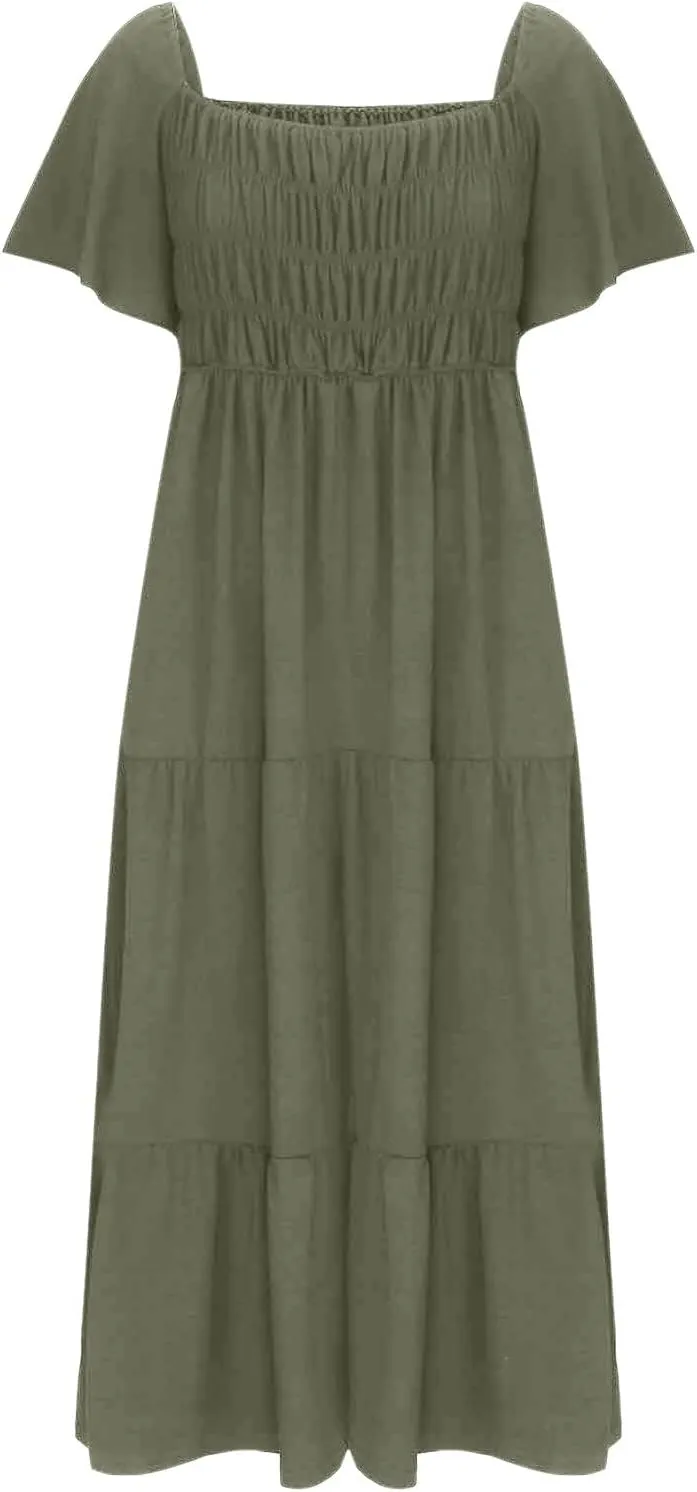 Summer Dresses for Women 2024 Casual Ruffle Short Sleeve Dressy Smocked Empire Waist Beach A-Line Maxi Sundress