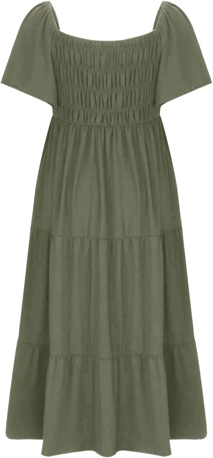 Summer Dresses for Women 2024 Casual Ruffle Short Sleeve Dressy Smocked Empire Waist Beach A-Line Maxi Sundress