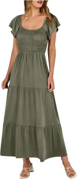 Summer Dresses for Women 2024 Casual Ruffle Short Sleeve Dressy Smocked Empire Waist Beach A-Line Maxi Sundress
