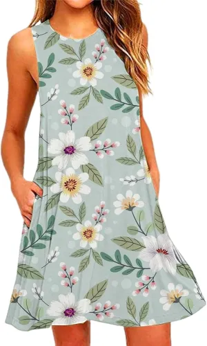 Summer Dresses for Women 2024 Floral Print Beach Party Sundress Sleeveless Fashion Cocktail Dress Casual Pockets Boho Dress