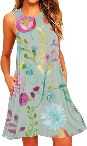 Summer Dresses for Women 2024 Floral Print Beach Party Sundress Sleeveless Fashion Cocktail Dress Casual Pockets Boho Dress
