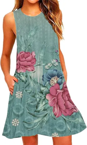 Summer Dresses for Women 2024 Floral Print Beach Party Sundress Sleeveless Fashion Cocktail Dress Casual Pockets Boho Dress