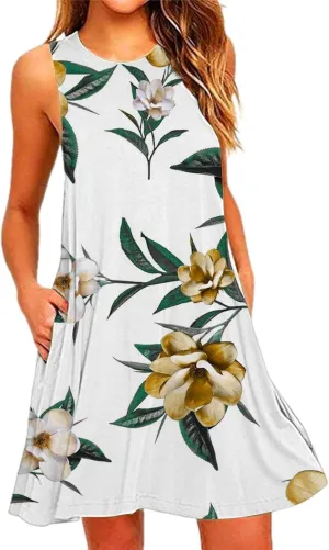Summer Dresses for Women 2024 Floral Print Beach Party Sundress Sleeveless Fashion Cocktail Dress Casual Pockets Boho Dress