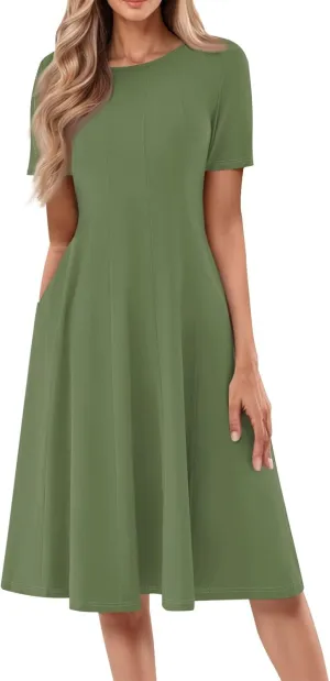 Summer Dresses for Women 2025 Beach Vacation Spring Clothes Short Sleeve Round Neck Fashion Midi Dress