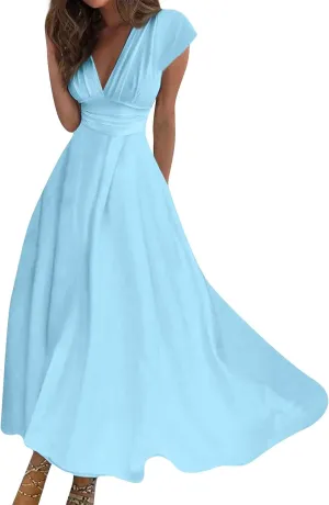 Summer Dresses for Women 2025 Classy Plain Strappy Maxi Sundresses Sexy Flowy Empire Waist V Neck Beach White Dress