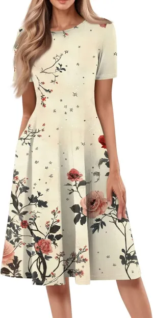 Summer Dresses for Women 2025 Midi Short Sleeve Round Neck Spring Dress Tender Pleated with Side Pocket A Line Dress