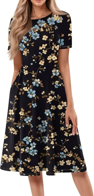 Summer Dresses for Women 2025 Midi Short Sleeve Round Neck Spring Dress Tender Pleated with Side Pocket A Line Dress