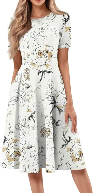 Summer Dresses for Women 2025 Midi Short Sleeve Round Neck Spring Dress Tender Pleated with Side Pocket A Line Dress