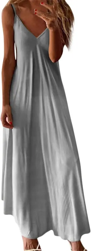Summer Dresses for Womens 2024 Dressy Casual Sleeveless Sexy V Neck Long Maxi Dress Beach Floor Length Sundress