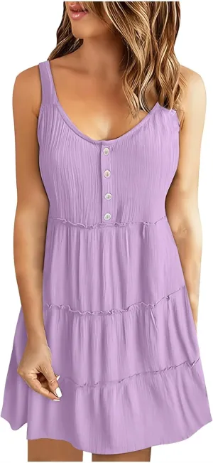 Sundresses for Women 2024 Trendy Summer Tank Dress Sleeveless Crewneck Button Down Ruffle Tiered Casual Swing Mini Dress