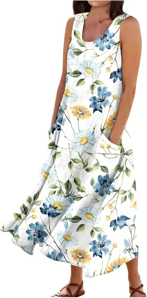 Sundresses for Women 2025 A-Line U Neck Boho Dress Floral Print Sleeveless Tank Dress Flowy Sundress with Pockets