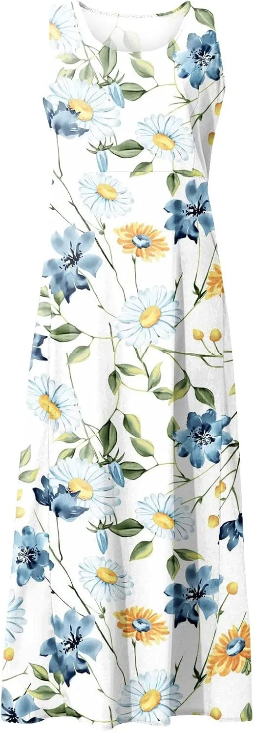 Sundresses for Women 2025 A-Line U Neck Boho Dress Floral Print Sleeveless Tank Dress Flowy Sundress with Pockets