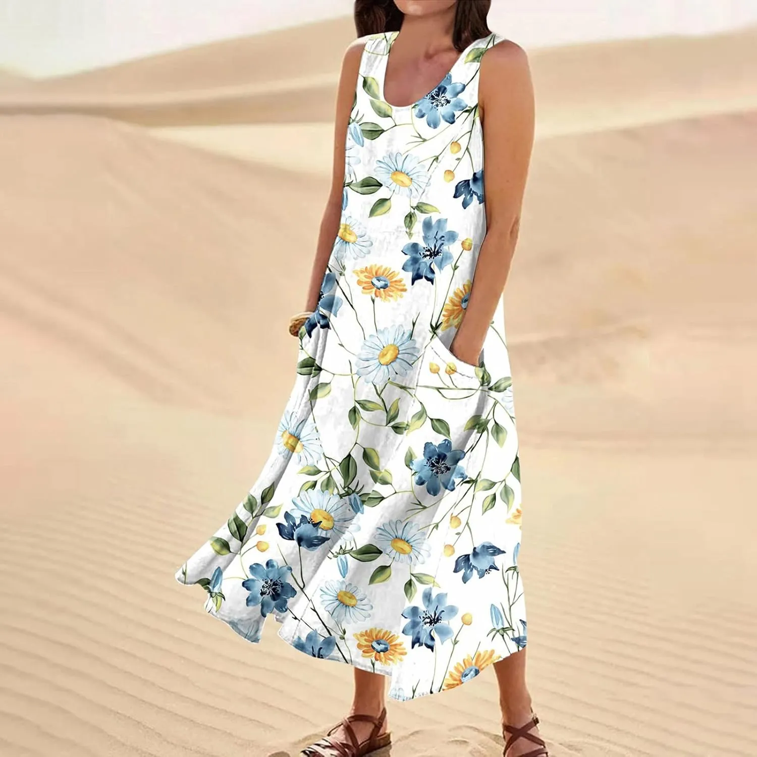 Sundresses for Women 2025 A-Line U Neck Boho Dress Floral Print Sleeveless Tank Dress Flowy Sundress with Pockets