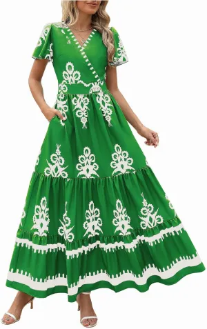 Sundresses for Women 2025 Casual Short Sleeve V-Neck Tiered Pleated Maxi Dresses Flowy Swing Floral Summer Dress