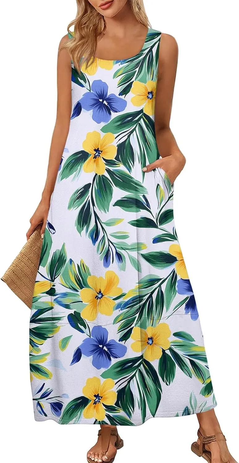 Sundresses for Women,2025 Summer Casual Scoop Neck Sleeveless Tank Maxi Dress,Trendy Floral Beach Vacation Dress
