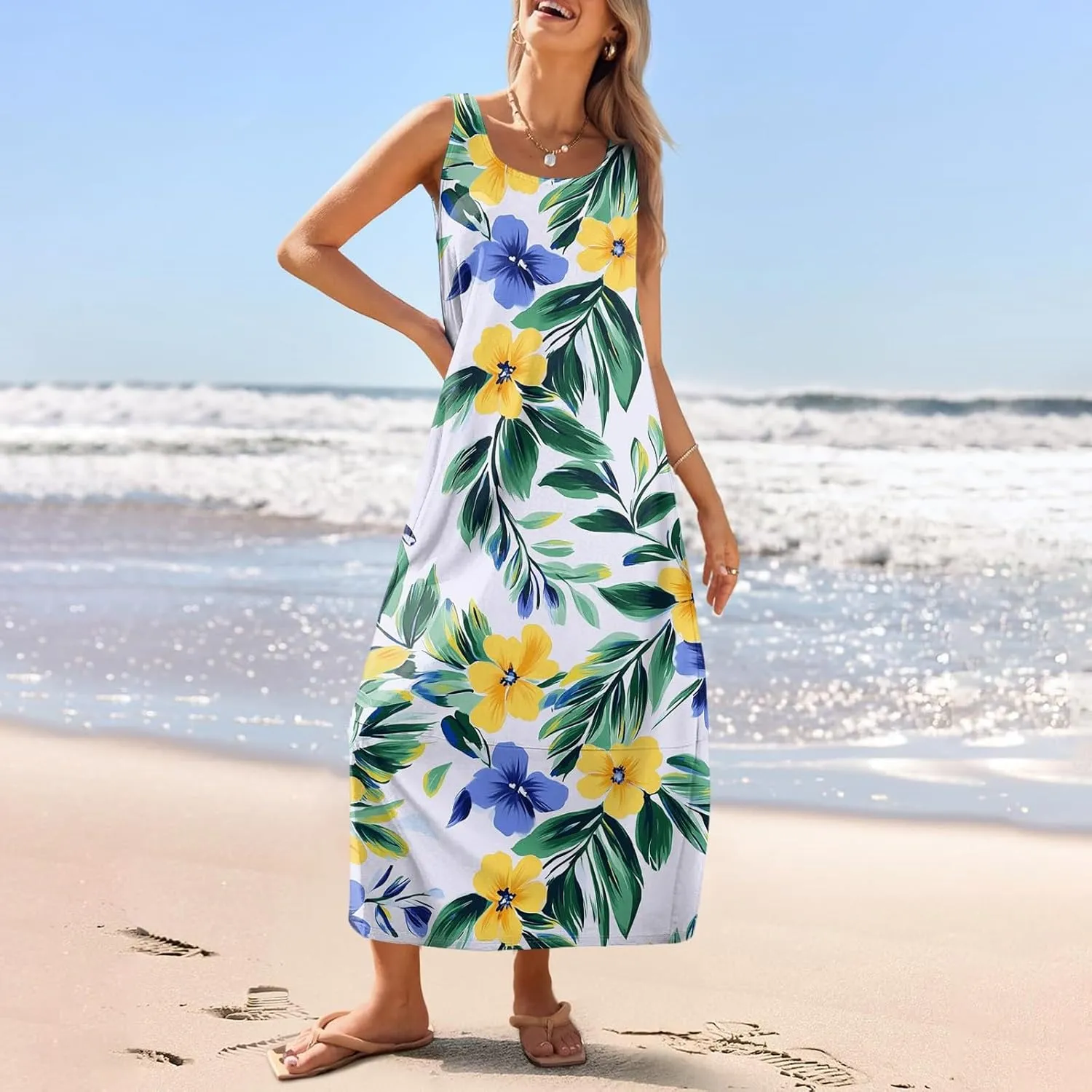 Sundresses for Women,2025 Summer Casual Scoop Neck Sleeveless Tank Maxi Dress,Trendy Floral Beach Vacation Dress
