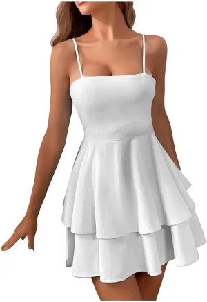 Sundresses for Women,2025 Summer Spaghetti Ruffle Sundress Scoop Neck Babydoll Short Dress Sleeveless Flowy Dresses