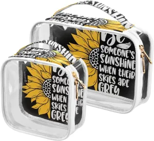 Sunflower-black Print 2 Pack Clear Toiletry Bag Women Men, Portable Waterproof Clear Pouch, Cosmetic Bag with Double Zippers Large Opening Traveling with Handle for Bathroom Traveling Vacation Organiz