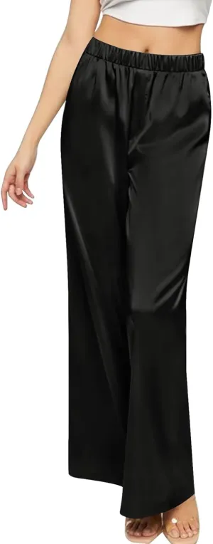 SWOMOG Women's Silk Satin Pajama Pants Longs Silky Sleep Pants Loungewear Trousers Elastic Waist Lounge Pj Bottoms
