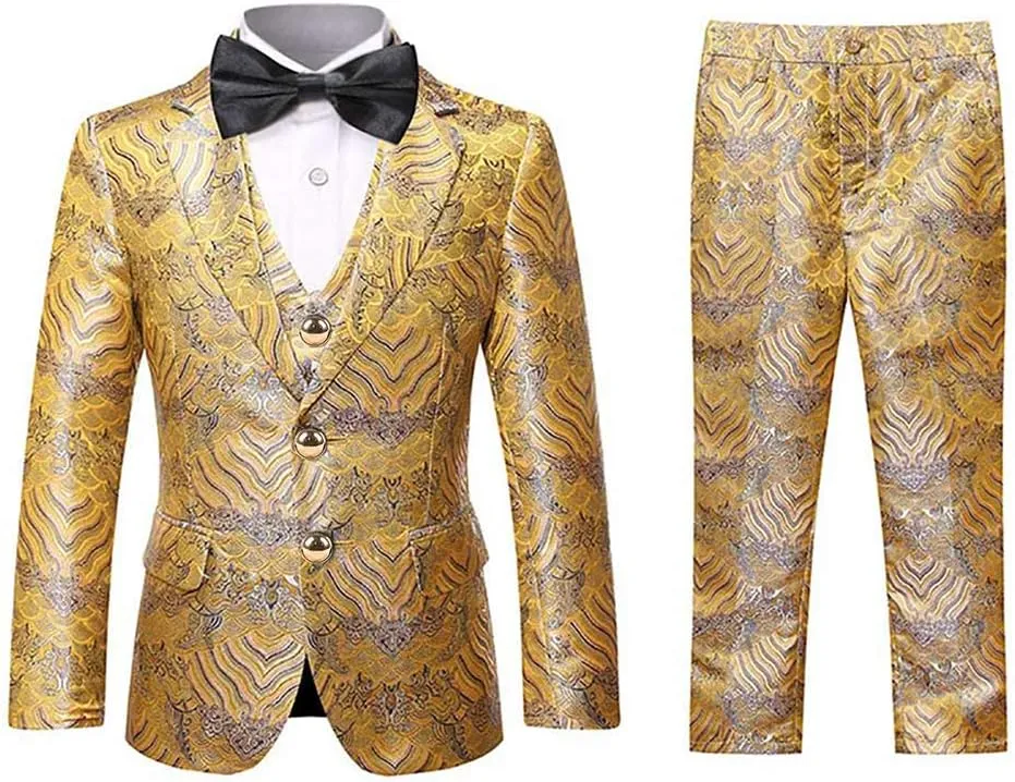 SWOTGdoby Boys 3 Pieces Suit Slim Fit Jacquard Tuxedo Formal Shawl Collar Jacket Vest Pants Ring Bearer Outfit Wedding Prom