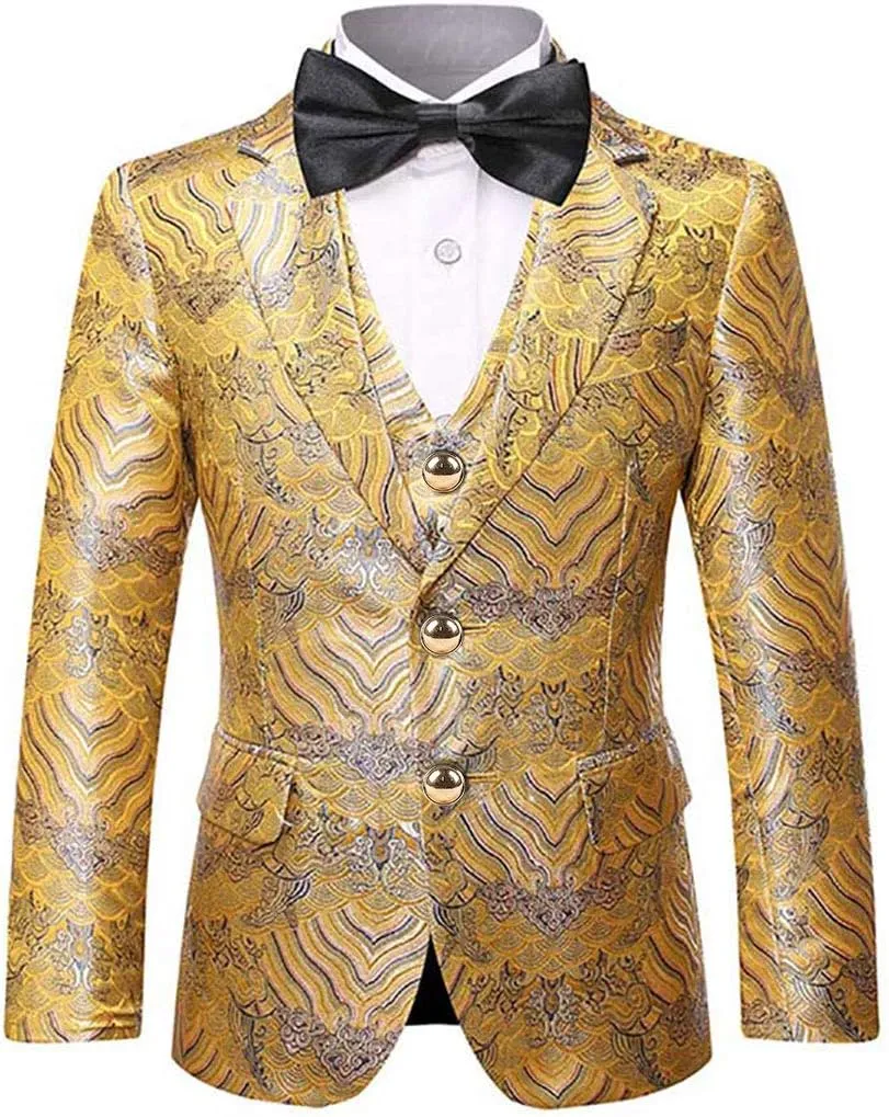 SWOTGdoby Boys 3 Pieces Suit Slim Fit Jacquard Tuxedo Formal Shawl Collar Jacket Vest Pants Ring Bearer Outfit Wedding Prom