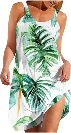 Tank Dresses for Women Vacation Hawaii Sleeveless Knee Length Casual Boho Floral Dresses Vintage Flower Print Sundress