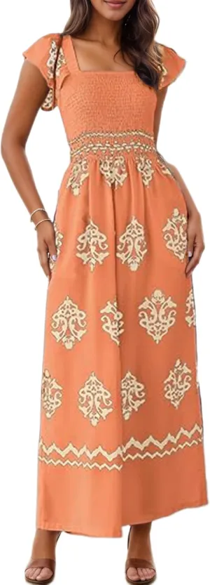 TIAFORD Womens Boho Jumpsuits Retro Print Cap Ruffle Sleeve High Waist Wide Leg Long Pant with Pockets