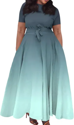 Trendy Short Sleeve Maxi Dresses Casual Plus Size Crewneck Long Sundress Elegant Formal A Line Smocked Flowy Party Dress