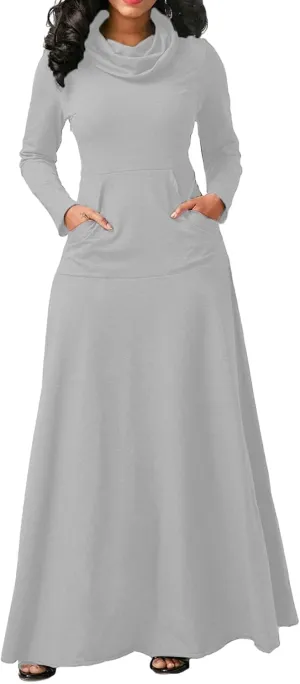 Turtleneck Maxi Dress for Women Plus Size Winter Elegant Solid Swing Casual Long Sleeve Long Dresses with Pocket