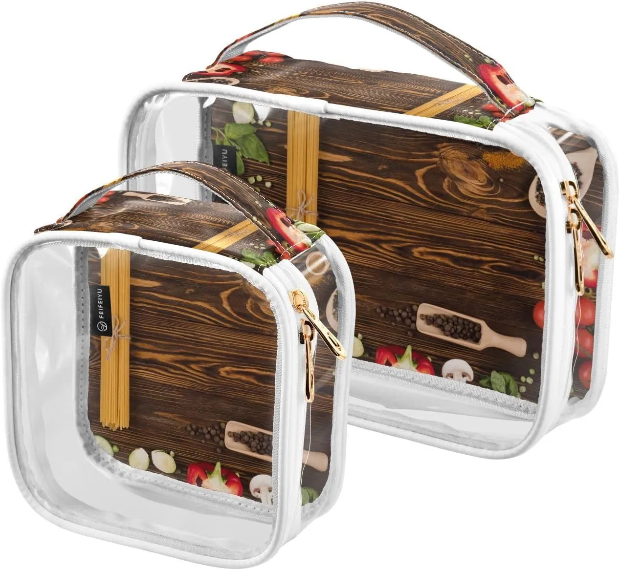 Vegetables-pasta-wooden Print 2 Pack Clear Toiletry Bag Women Men, Portable Waterproof Clear Pouch, Cosmetic Bag with Double Zippers Large Opening Traveling with Handle for Bathroom Traveling Vacation