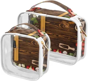 Vegetables-pasta-wooden Print 2 Pack Clear Toiletry Bag Women Men, Portable Waterproof Clear Pouch, Cosmetic Bag with Double Zippers Large Opening Traveling with Handle for Bathroom Traveling Vacation
