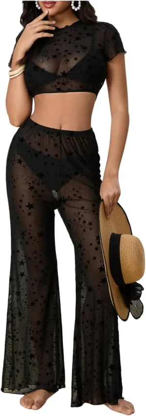 Verdusa Women's 2 Piece Sheer Mesh Bikini Cover Up Sets Crop Top and Wide Leg Pants