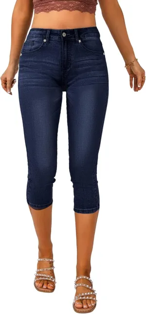 Vetinee Women's High Waisted Casual Ripped Skinny Slim Fit Stretch Denim Capri Jeans