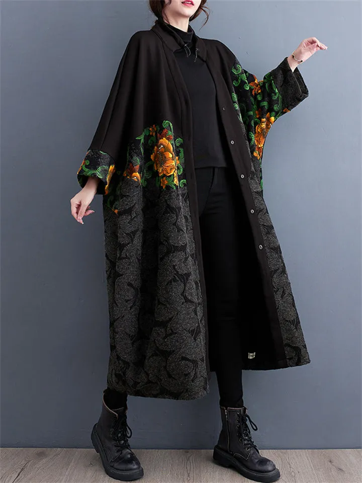 Vintage Jacquard Windproof Button Up Overcoat for Lady