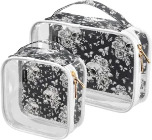 Vintage-pattern-goth-skull 2 Pack Clear Toiletry Bag Women Men, Portable Waterproof Clear Pouch, Cosmetic Bag with Double Zippers Large Opening Traveling with Handle for Bathroom Traveling Vacation Or