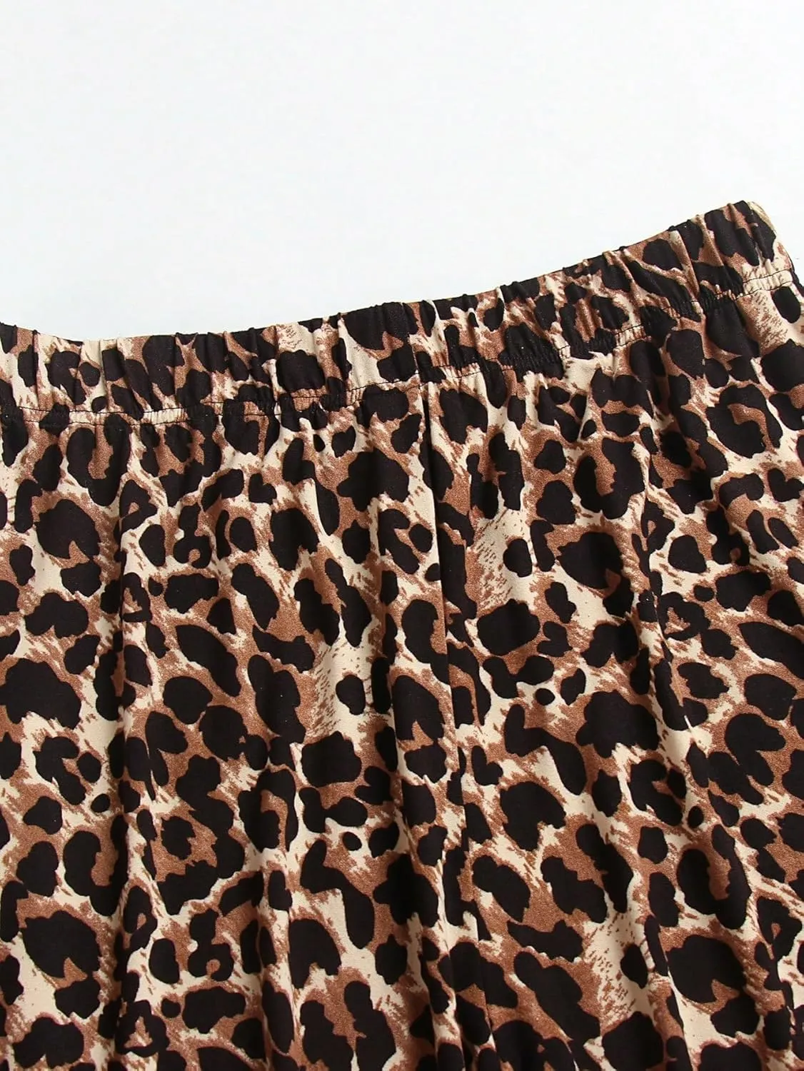 WDIRARA Women's Plus Size Leopard Print Elastic Waist Flare Bell Bottom Ruffle Hem Long Pants