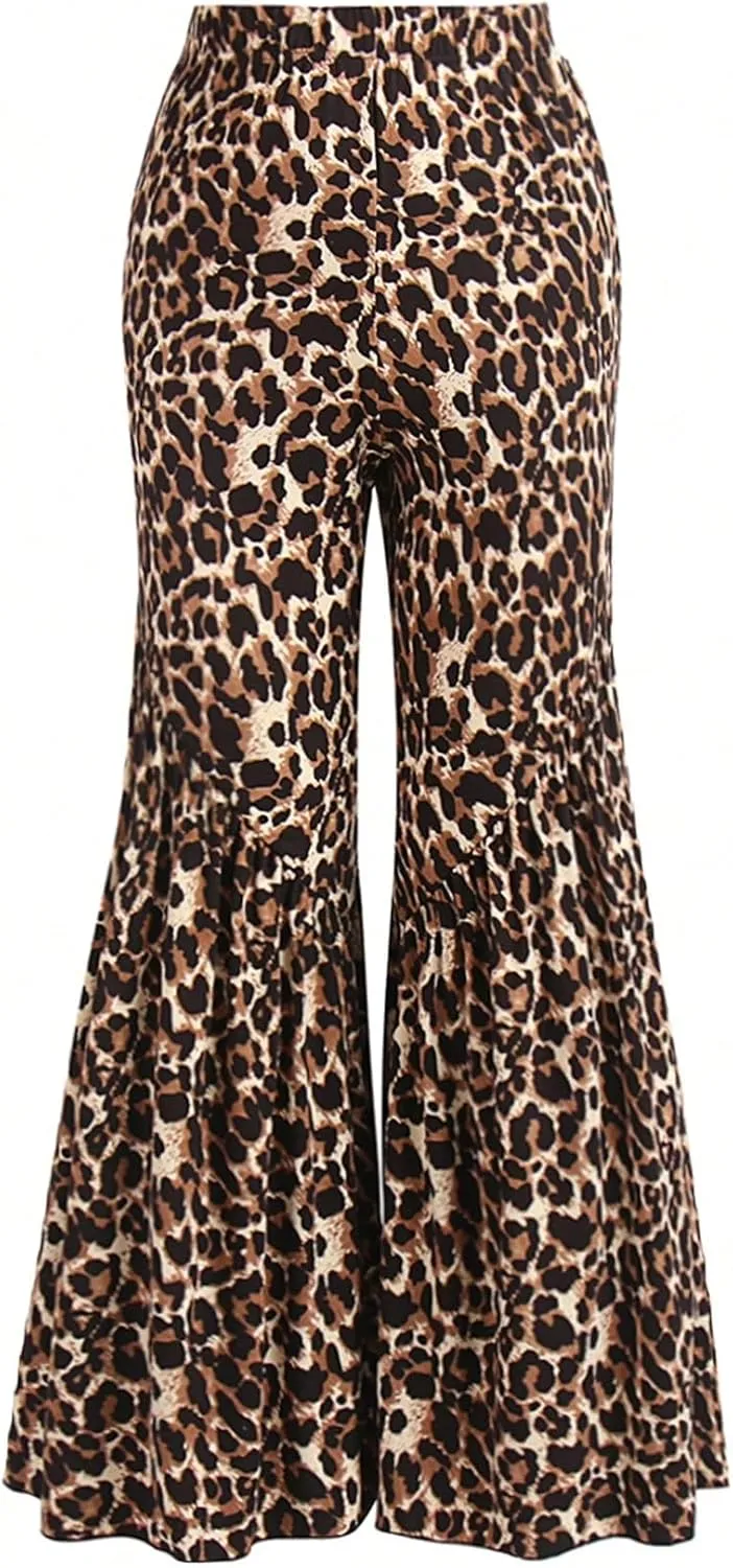 WDIRARA Women's Plus Size Leopard Print Elastic Waist Flare Bell Bottom Ruffle Hem Long Pants