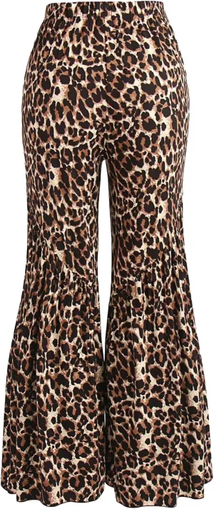 WDIRARA Women's Plus Size Leopard Print Elastic Waist Flare Bell Bottom Ruffle Hem Long Pants