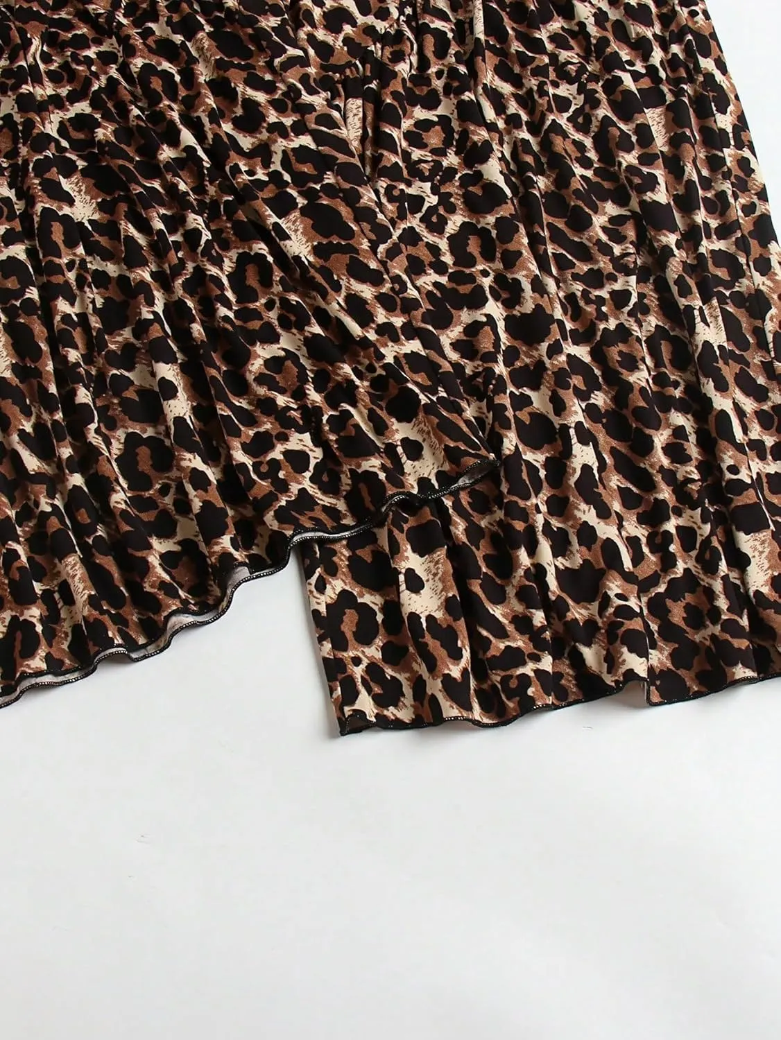 WDIRARA Women's Plus Size Leopard Print Elastic Waist Flare Bell Bottom Ruffle Hem Long Pants