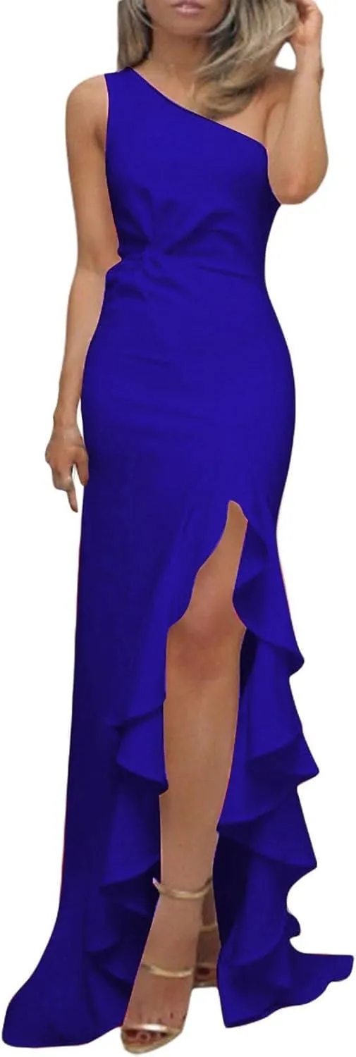 Wedding Guest Dress for Women 2025,Women's Slim One Shoulder Ruched Split Mermaid Dress Evening Cocktail Maxi Dresses