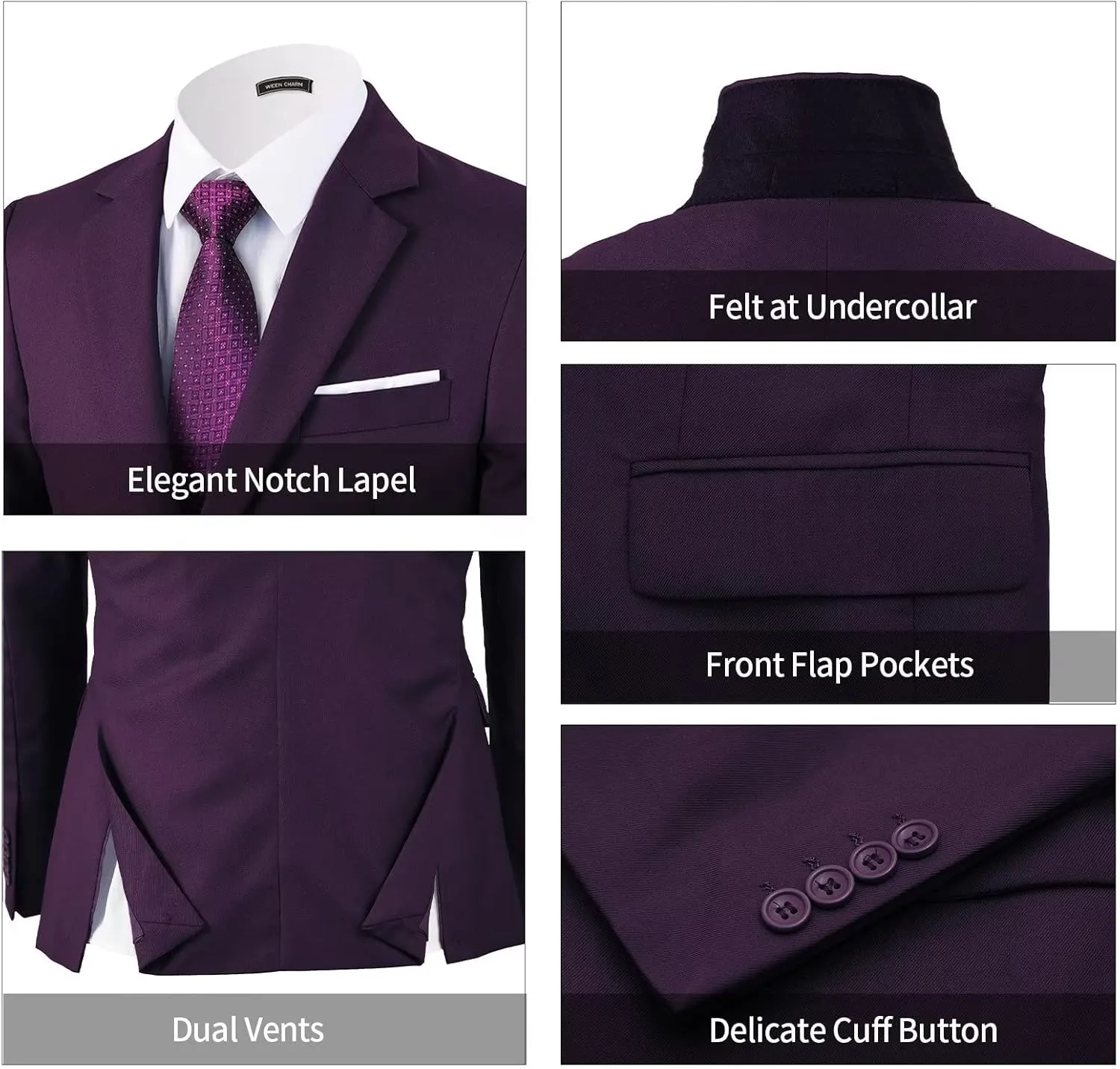 WEEN CHARM Men's 3-Piece Slim Fit Suit Set-2-Button Blazer,Vest & Pants-Formal Wedding,Prom,Party & Business Tuxedo